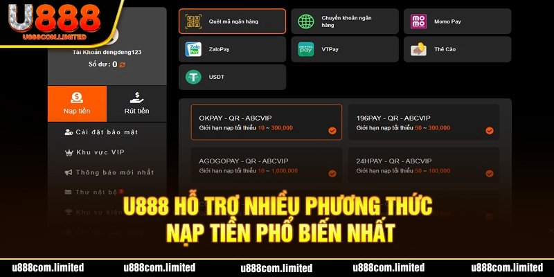Nạp tiền U888 bằng những hình thức thanh toán hiện đại